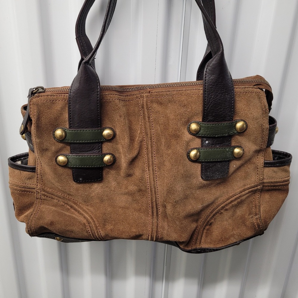 Tignanello Leather Suede Shoulder Bag Womens Brown Satchel Studded Camo Lining